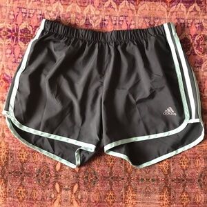 Adidas size Small lined athletic running shorts gray & teal color.